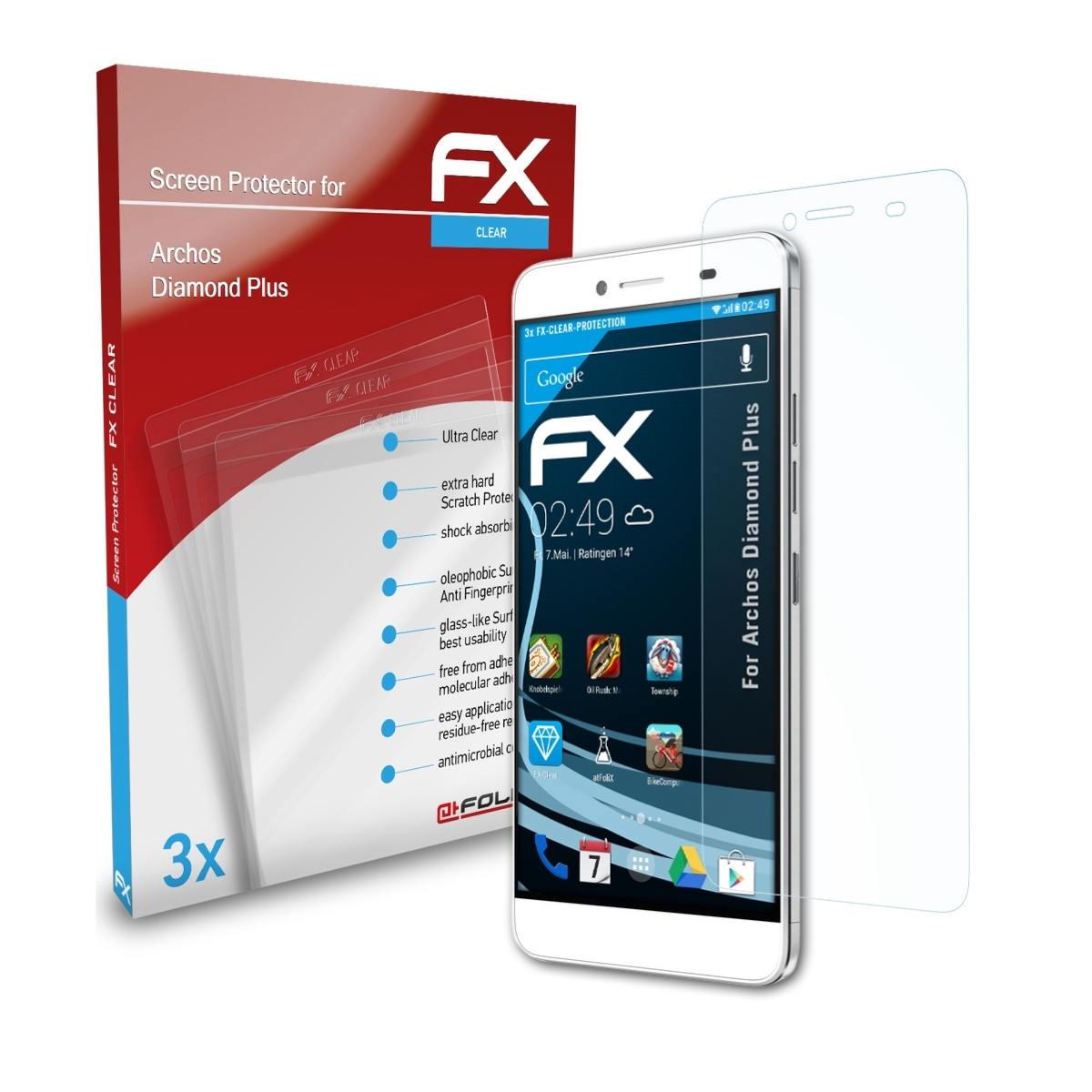 ATFOLIX 3x FX-Clear Displayschutz(für Archos Plus) Diamond