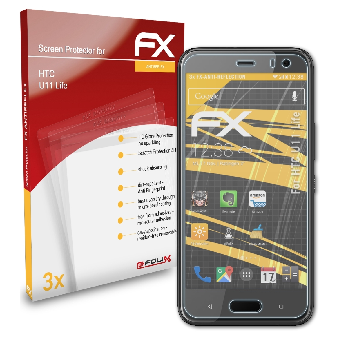 ATFOLIX 3x FX-Antireflex Displayschutz(für Life) HTC U11