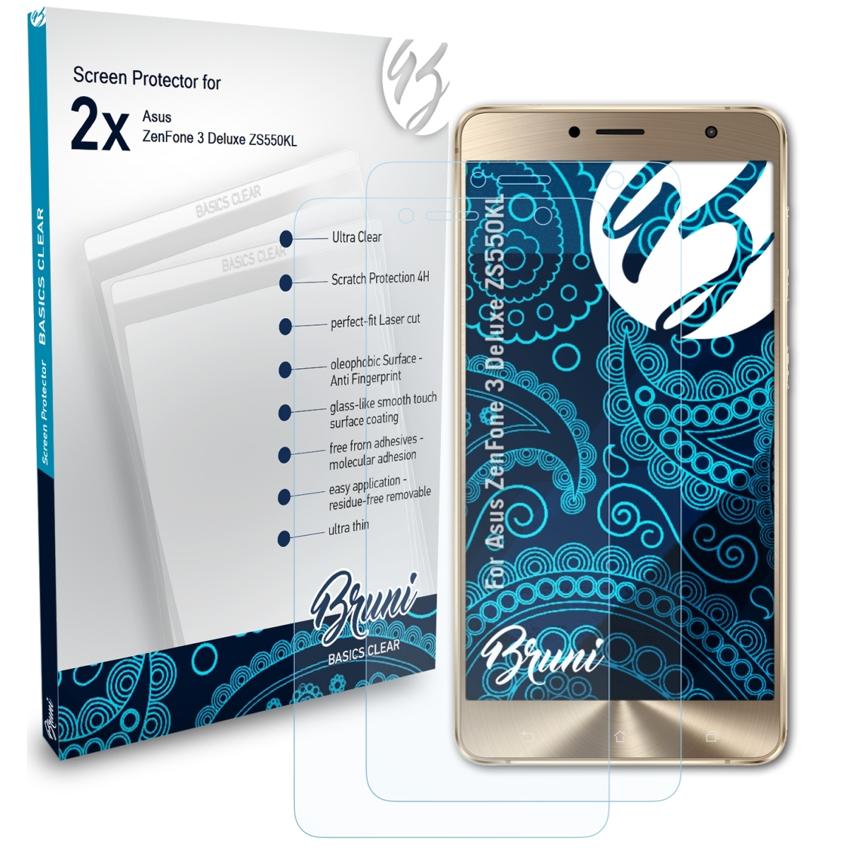 BRUNI 2x Basics-Clear Deluxe (ZS550KL)) Schutzfolie(für 3 ZenFone Asus