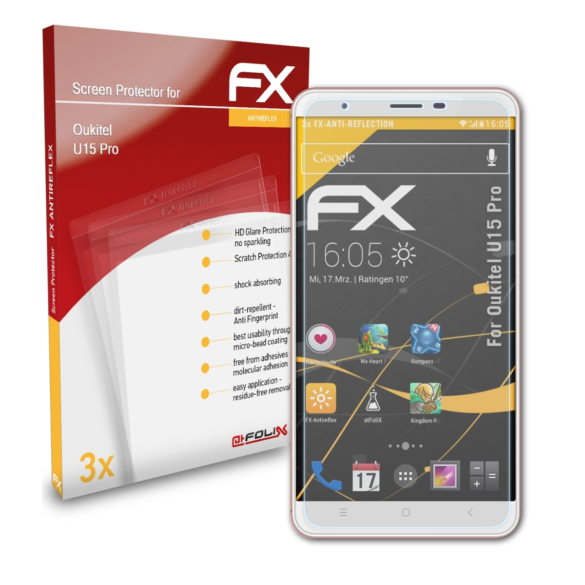 ATFOLIX 3x FX-Antireflex Displayschutz(für U15 Pro) Oukitel