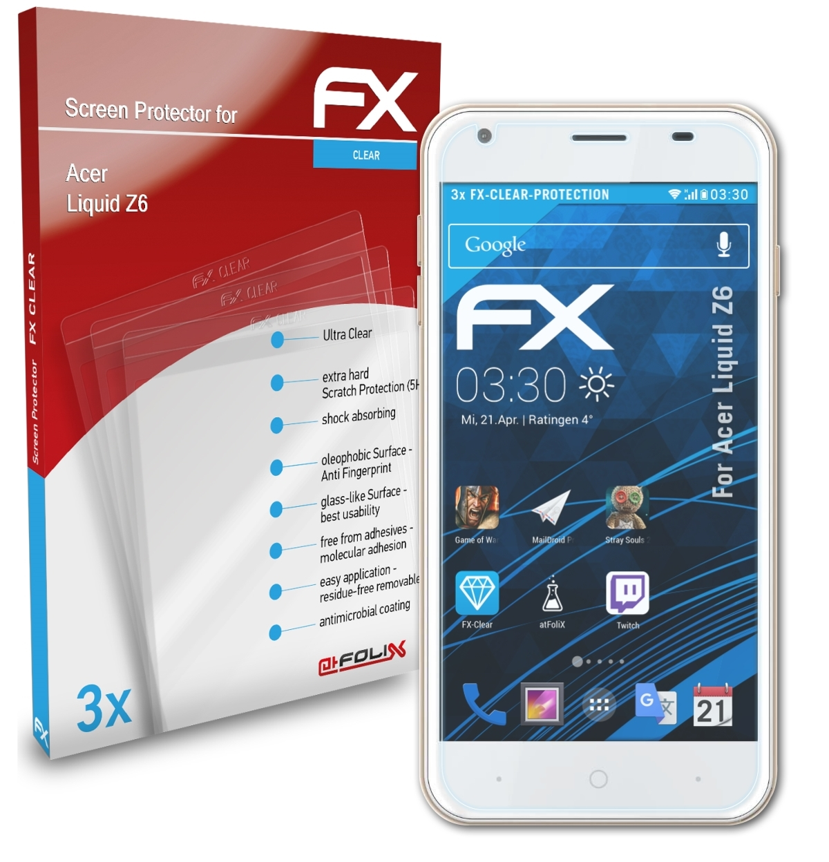 ATFOLIX 3x FX-Clear Displayschutz(für Acer Liquid Z6)