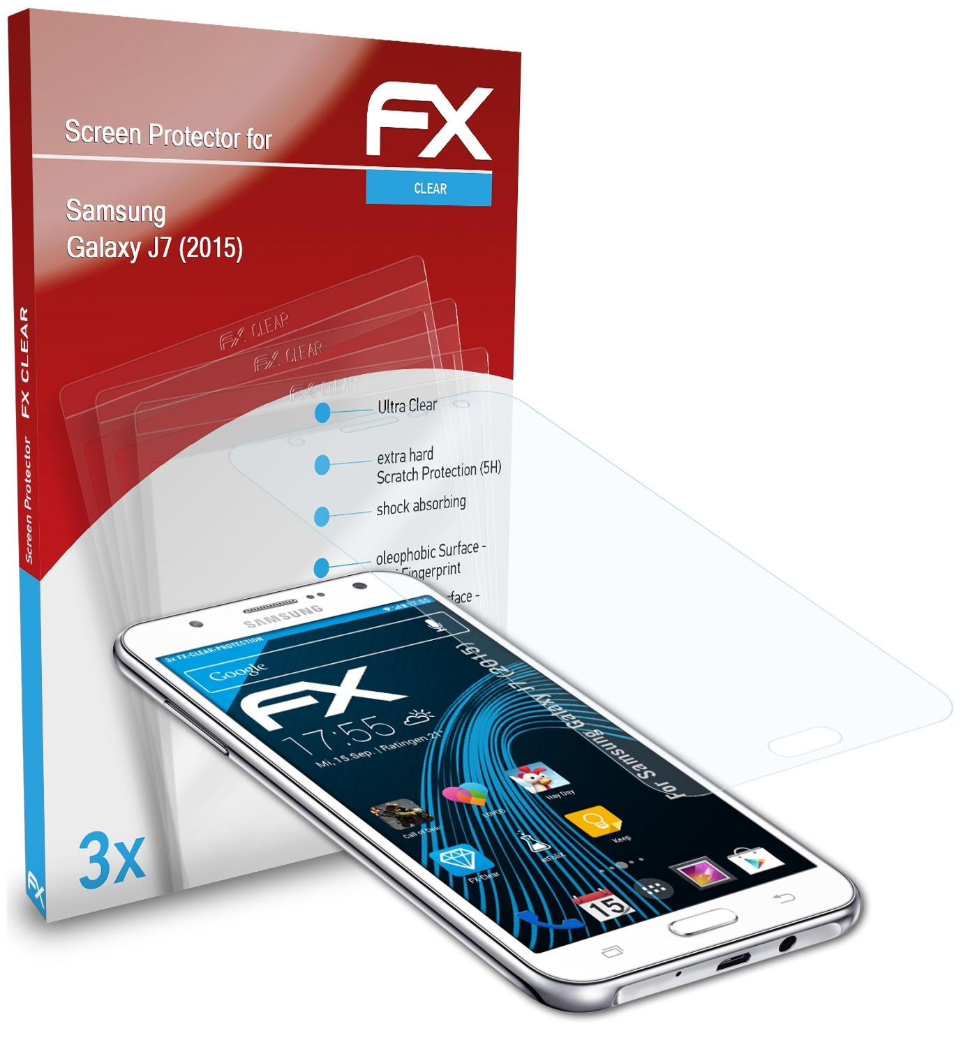 ATFOLIX 3x Displayschutz(für J7 Samsung Galaxy (2015)) FX-Clear