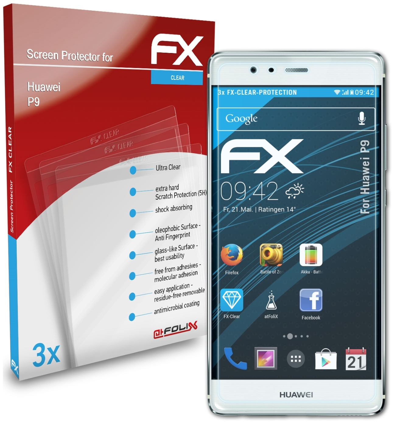 ATFOLIX 3x FX-Clear Huawei P9) Displayschutz(für