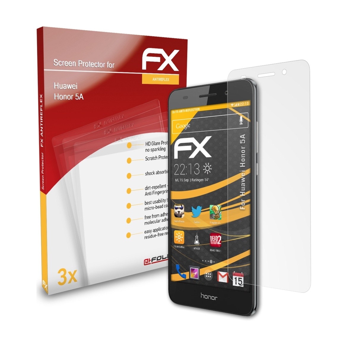 ATFOLIX 3x Displayschutz(für Honor FX-Antireflex Huawei 5A)