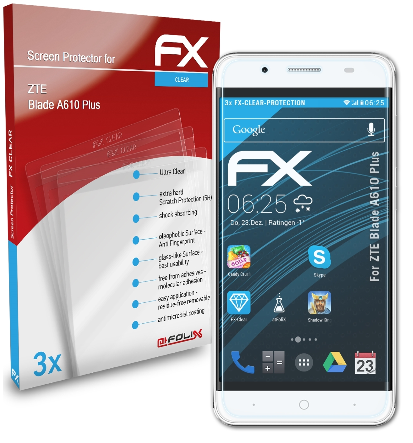 ATFOLIX 3x FX-Clear A610 Displayschutz(für ZTE Blade Plus)