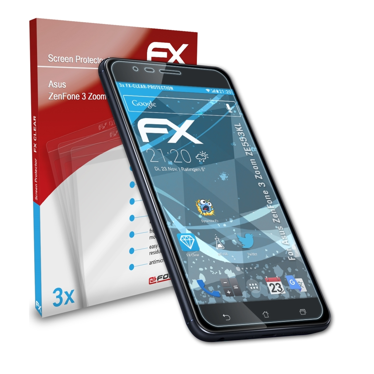 ATFOLIX 3x FX-Clear Asus Zoom Displayschutz(für ZenFone (ZE553KL)) 3