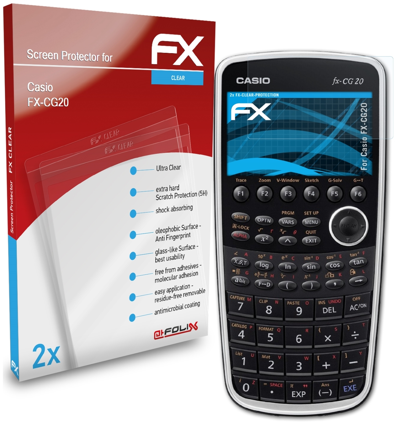 ATFOLIX Casio FX-CG20) 2x FX-Clear Displayschutz(für