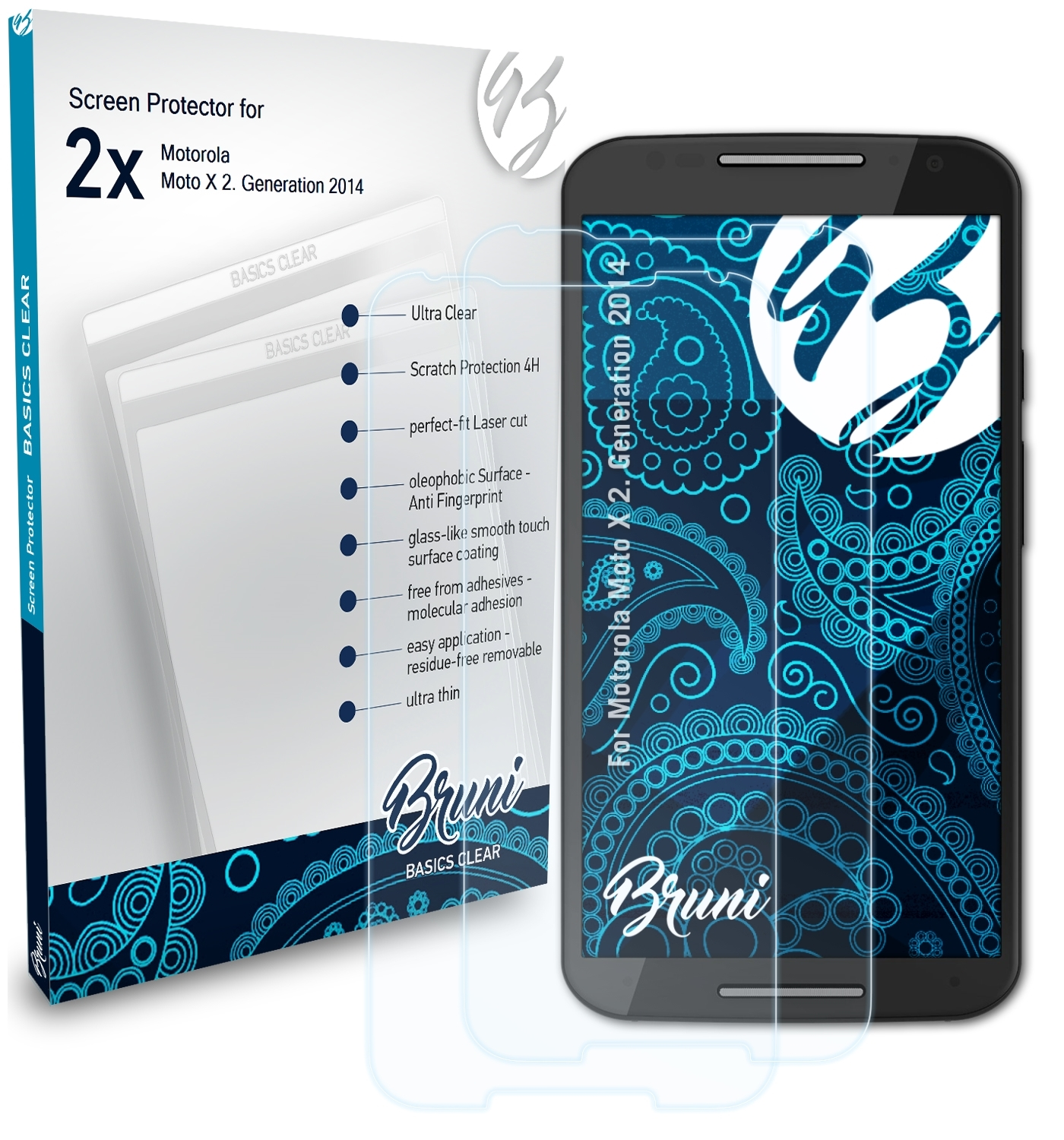 2x X Moto Motorola Basics-Clear Schutzfolie(für (2. 2014)) Generation BRUNI