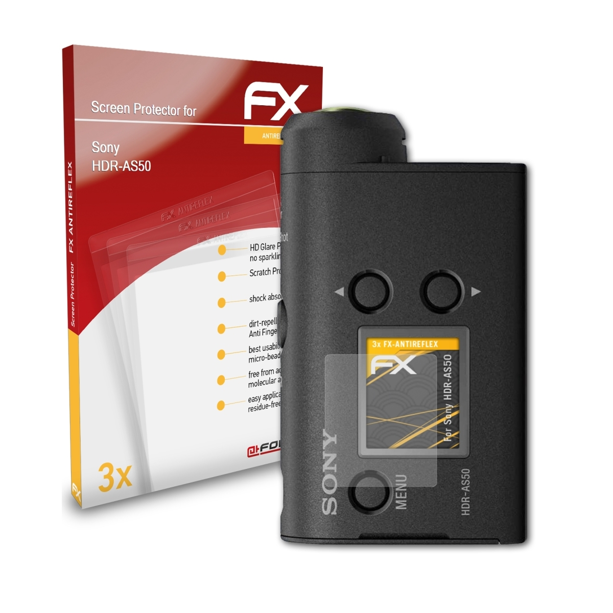 Displayschutz(für Sony FX-Antireflex ATFOLIX HDR-AS50) 3x