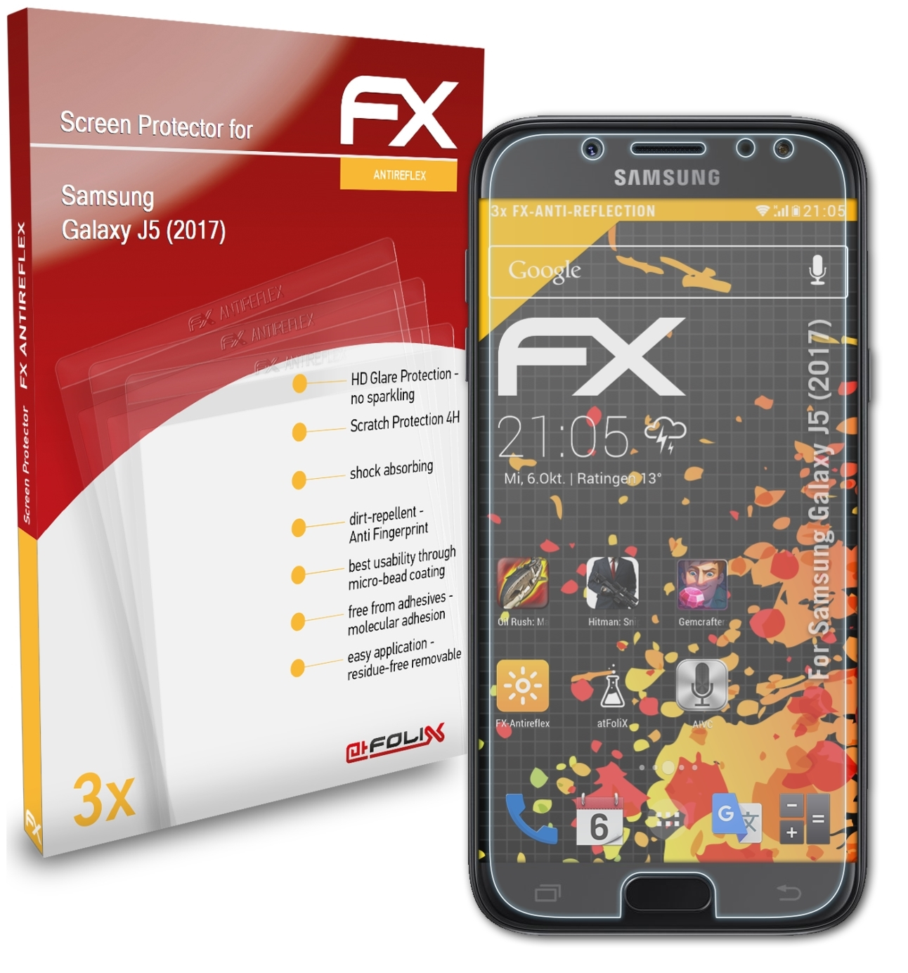 ATFOLIX 3x Samsung FX-Antireflex (2017)) Displayschutz(für Galaxy J5