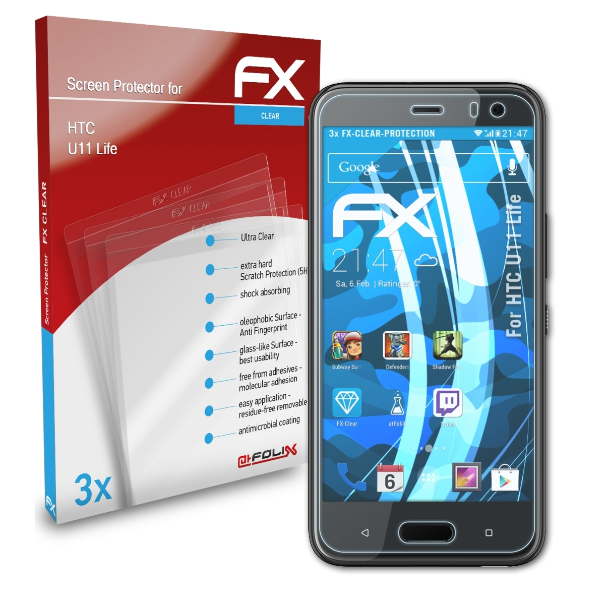 U11 HTC ATFOLIX 3x Displayschutz(für FX-Clear Life)