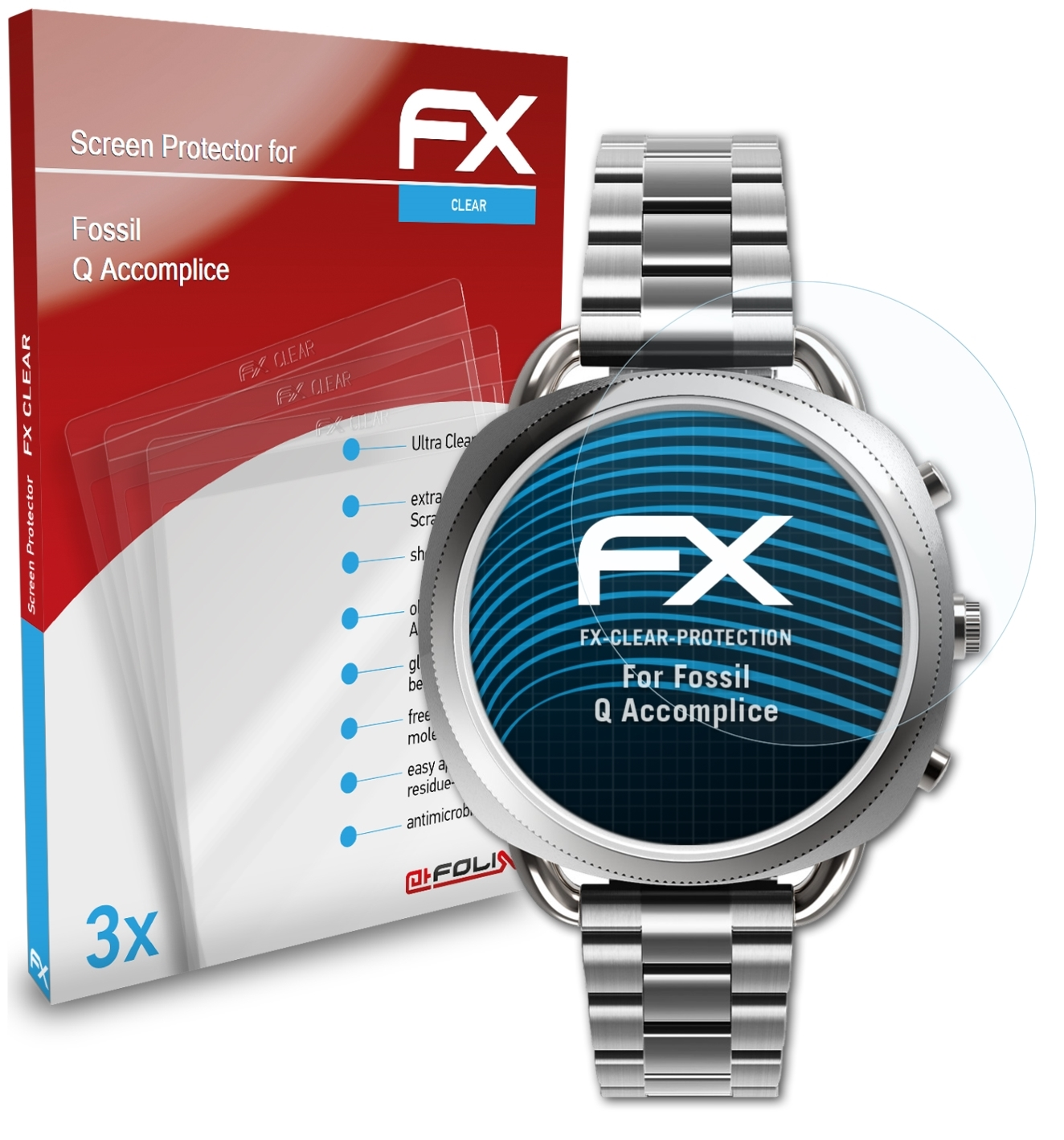 Fossil Q FX-Clear Accomplice) ATFOLIX Displayschutz(für 3x