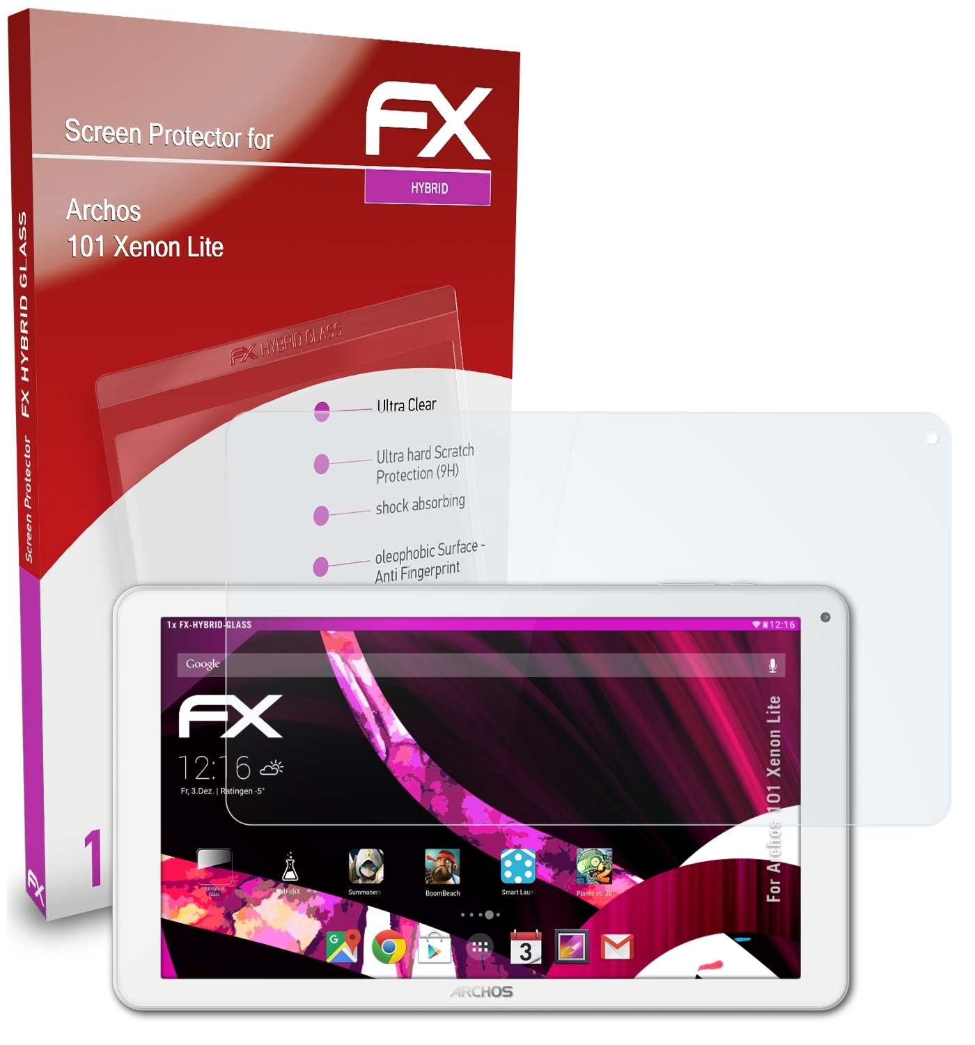 ATFOLIX Lite) Xenon Schutzglas(für Archos FX-Hybrid-Glass 101