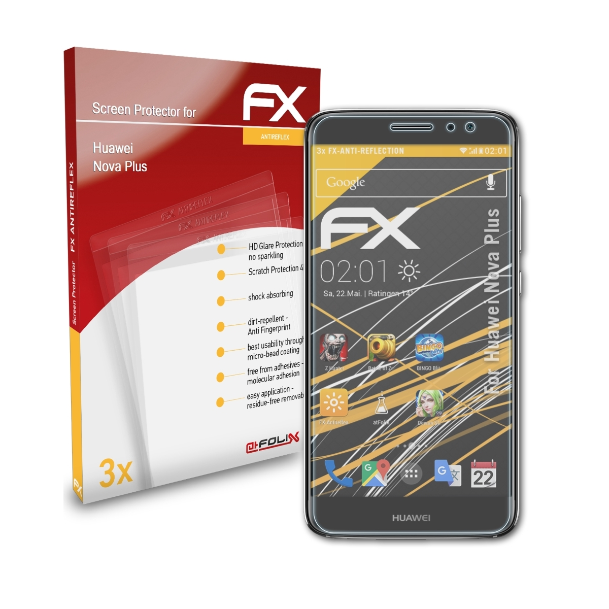 ATFOLIX 3x Nova Huawei Displayschutz(für FX-Antireflex Plus)