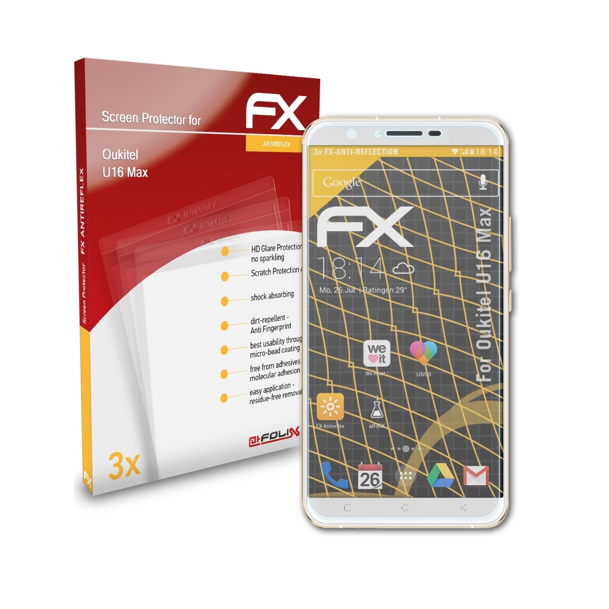 Displayschutz(für ATFOLIX FX-Antireflex Oukitel U16 Max) 3x
