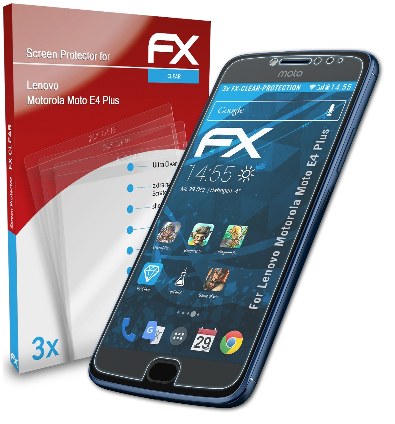 Lenovo Motorola FX-Clear Moto E4 Plus) 3x Displayschutz(für ATFOLIX