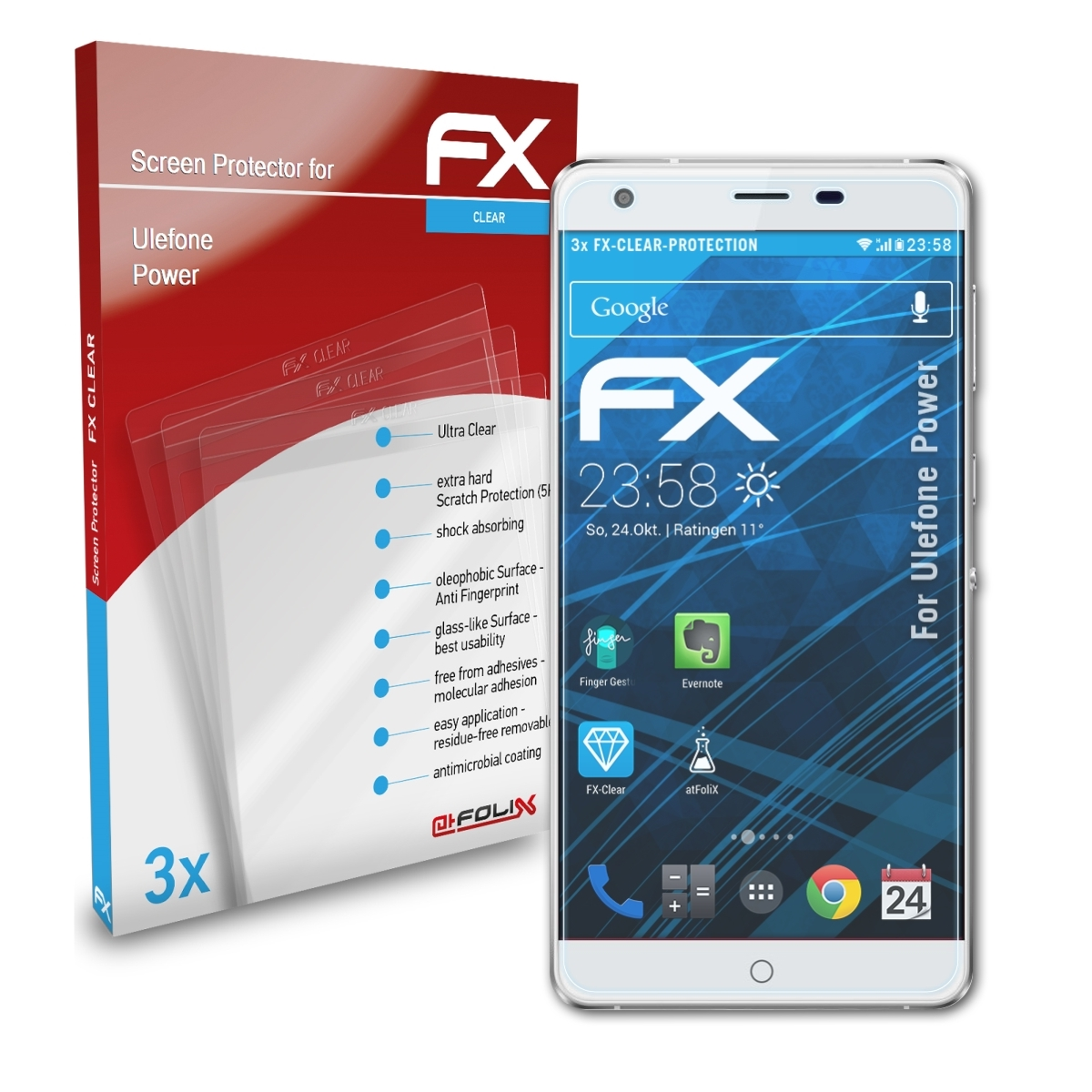 ATFOLIX 3x FX-Clear Displayschutz(für Ulefone Power)