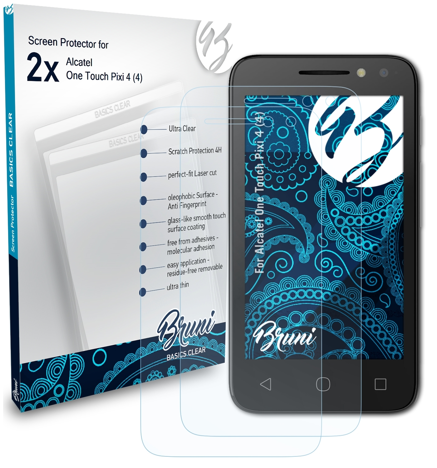 BRUNI 2x Basics-Clear Schutzfolie(für 4 Alcatel (4)) One Touch Pixi