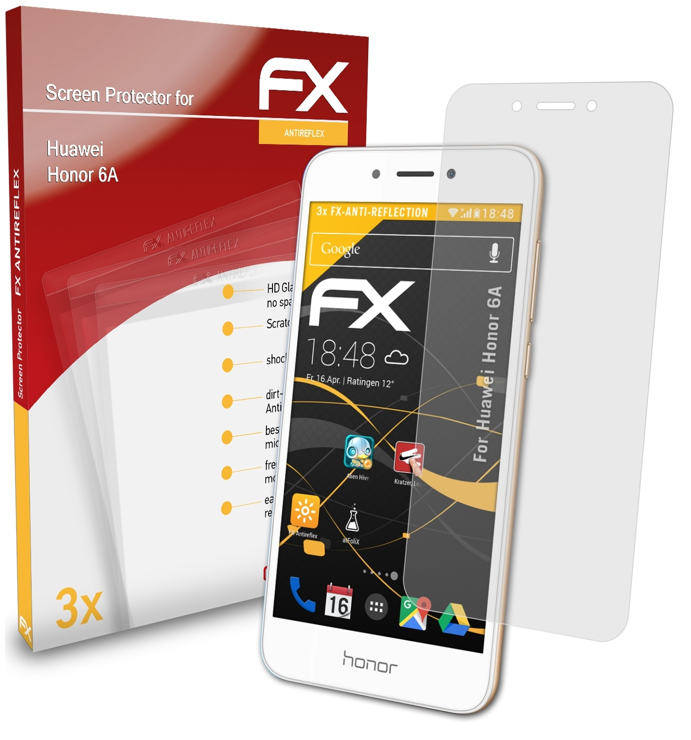3x Honor ATFOLIX FX-Antireflex Huawei Displayschutz(für 6A)