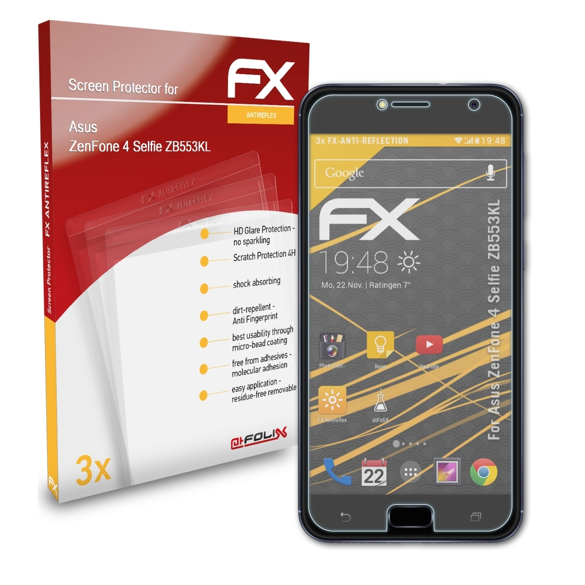 ATFOLIX 3x FX-Antireflex ZenFone Selfie (ZB553KL)) Displayschutz(für 4 Asus
