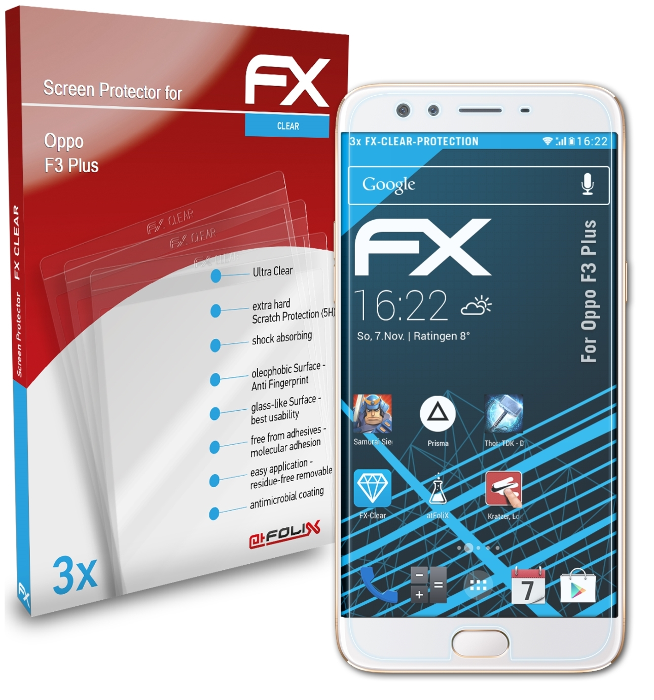 ATFOLIX 3x FX-Clear Displayschutz(für Oppo Plus) F3