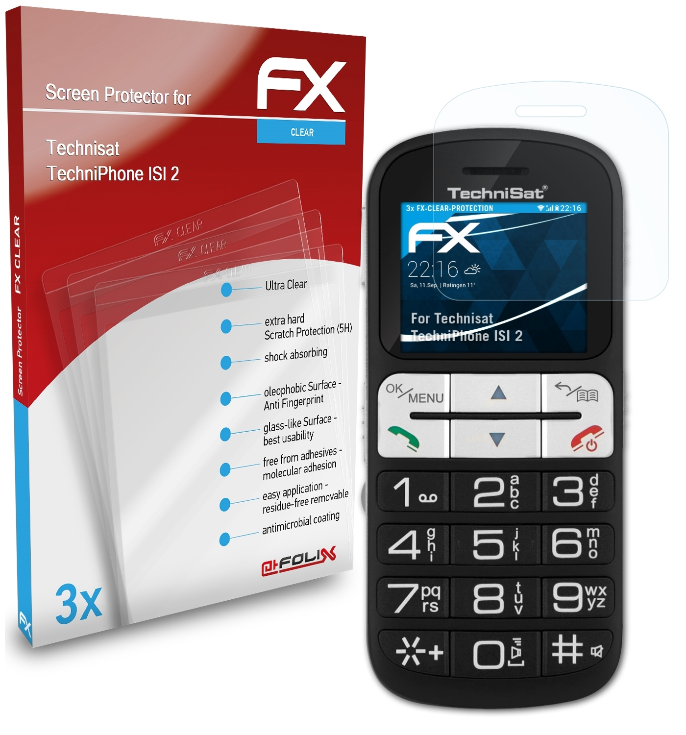 ISI FX-Clear 3x 2) Technisat TechniPhone Displayschutz(für ATFOLIX