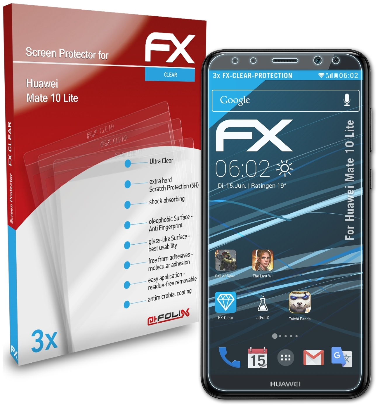 ATFOLIX 3x FX-Clear Displayschutz(für Huawei Lite) 10 Mate