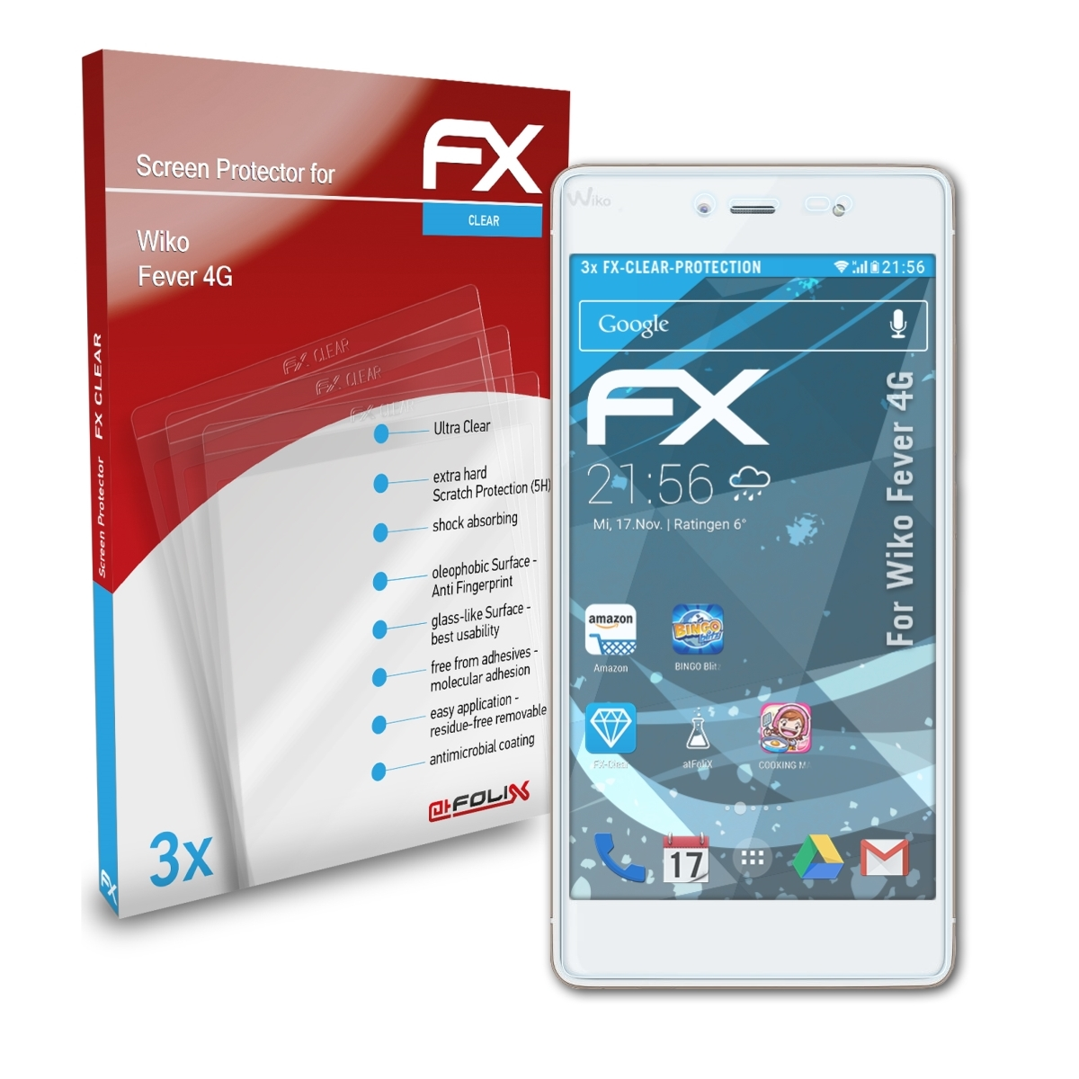 ATFOLIX 3x FX-Clear Displayschutz(für Wiko 4G) Fever