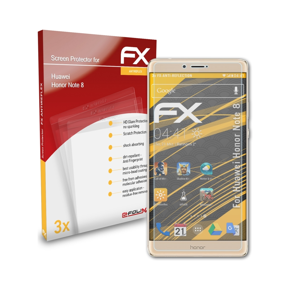 ATFOLIX 3x FX-Antireflex Displayschutz(für Honor 8) Huawei Note