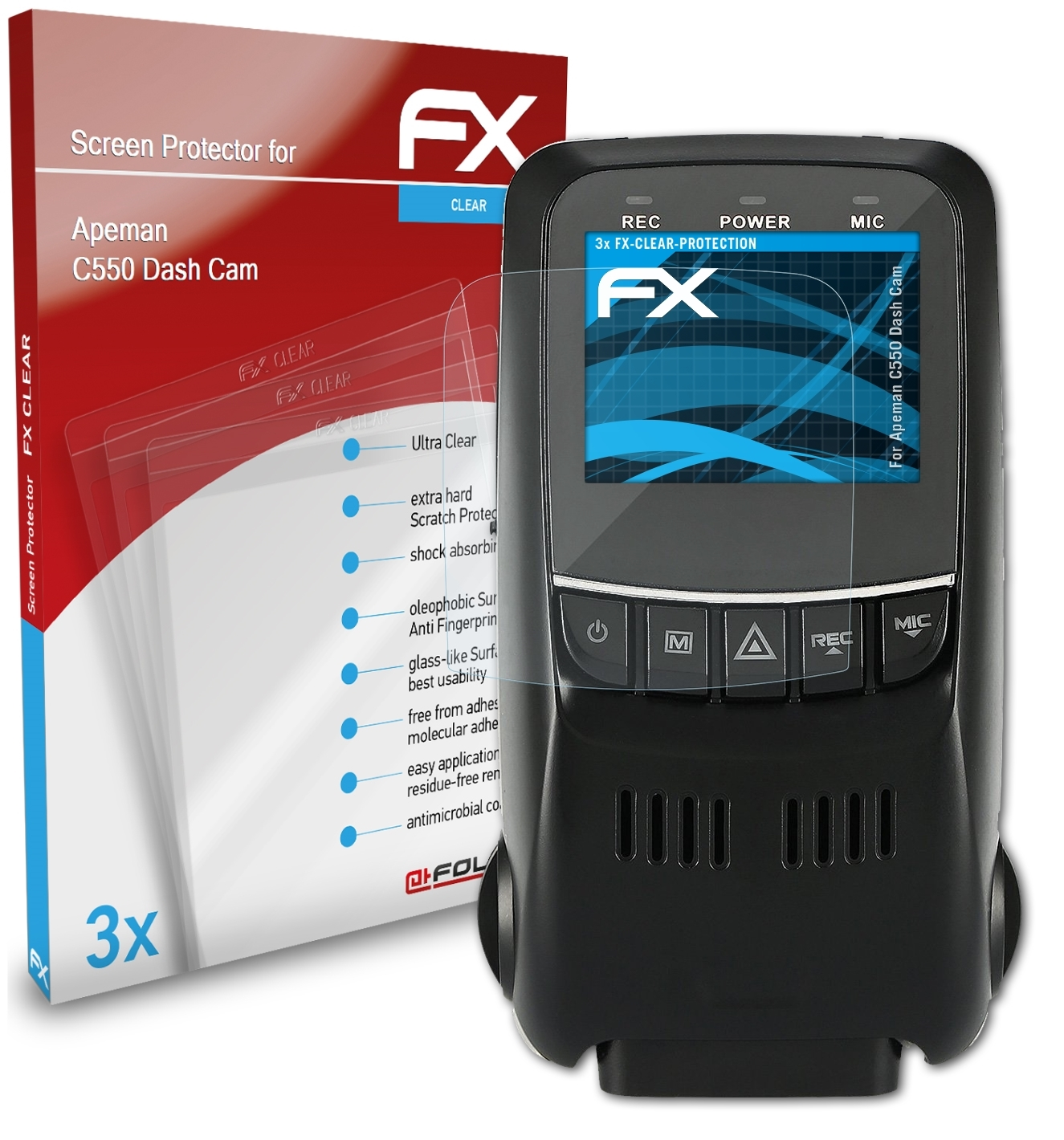 ATFOLIX 3x FX-Clear Displayschutz(für (Dash Cam)) Apeman C550