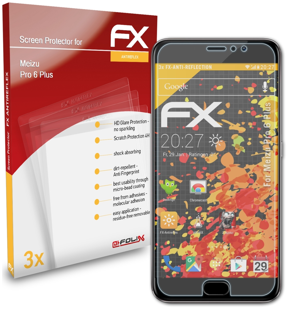 ATFOLIX 3x FX-Antireflex Displayschutz(für Meizu Plus) Pro 6