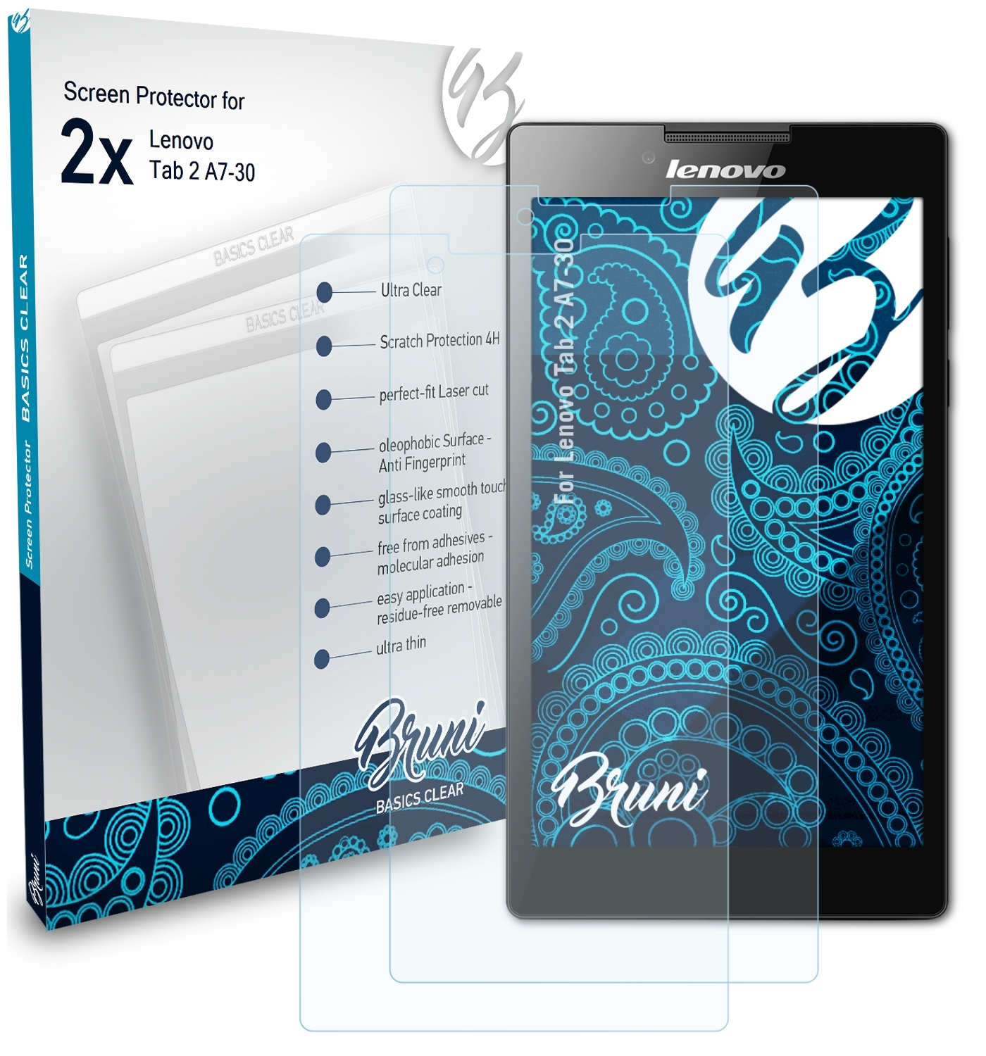 BRUNI 2x Lenovo A7-30) Basics-Clear Schutzfolie(für 2 Tab