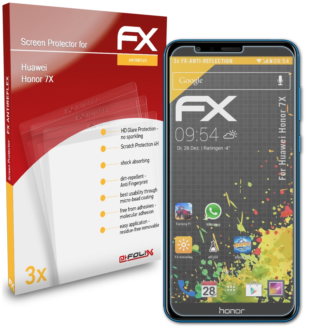 ATFOLIX 3x Huawei 7X) Honor Displayschutz(für FX-Antireflex