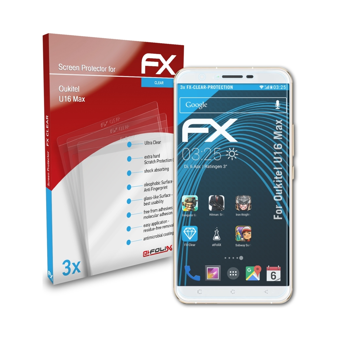 ATFOLIX 3x FX-Clear Max) Oukitel U16 Displayschutz(für