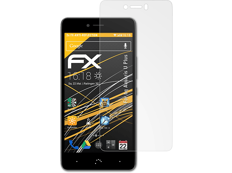 ATFOLIX Plus) 3x U Aquaris FX-Antireflex bq Displayschutz(für