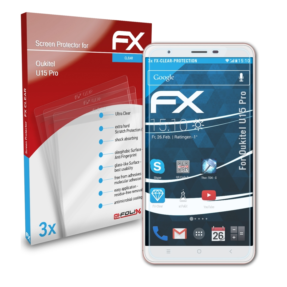 ATFOLIX 3x FX-Clear Displayschutz(für Oukitel U15 Pro)