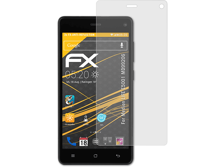 ATFOLIX 3x FX-Antireflex Displayschutz(für (MD99206)) LIFE E5001 Medion