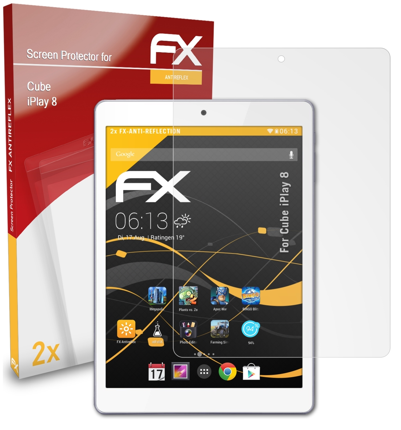 ATFOLIX 2x FX-Antireflex Displayschutz(für Cube 8) iPlay