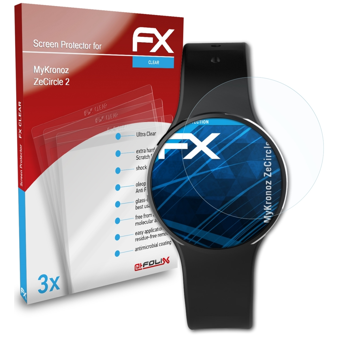 ATFOLIX 3x FX-Clear ZeCircle MyKronoz Displayschutz(für 2)