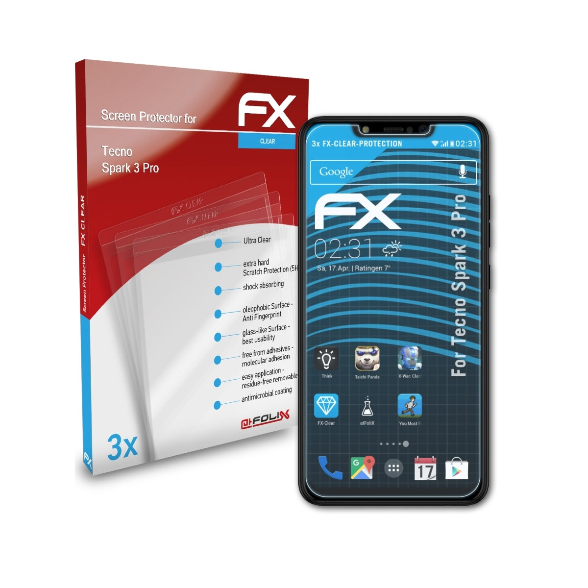 ATFOLIX 3x FX-Clear Spark 3 Pro) Tecno Displayschutz(für