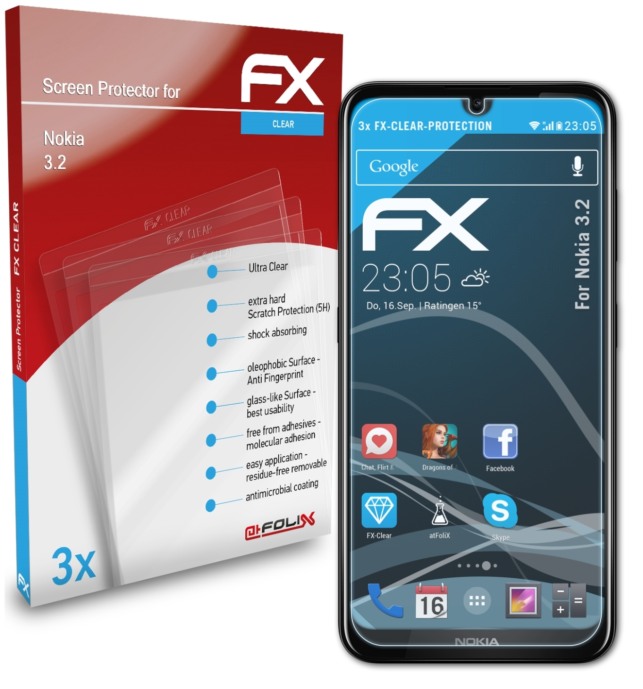ATFOLIX 3x FX-Clear Displayschutz(für Nokia 3.2)