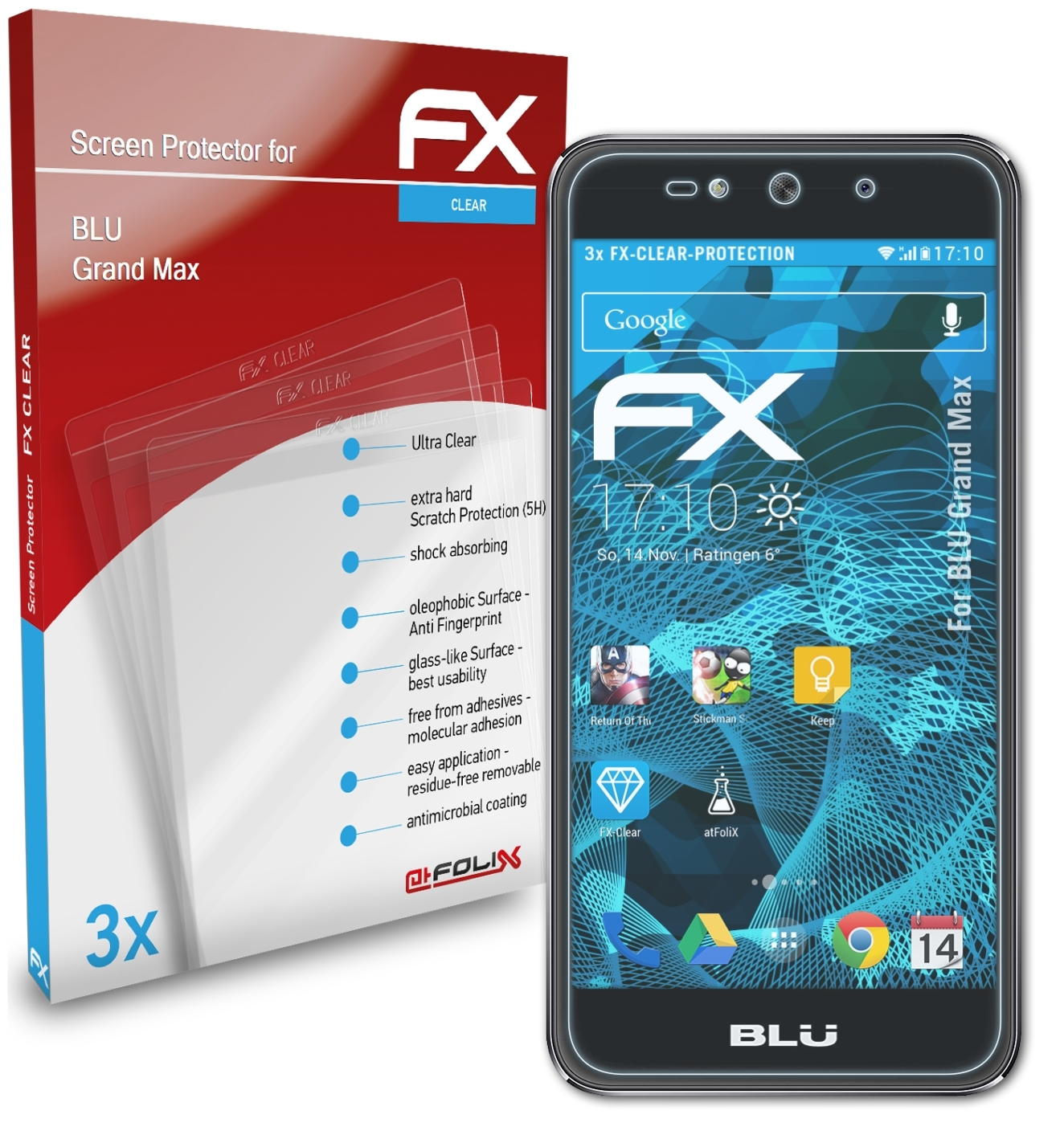 3x Displayschutz(für BLU FX-Clear ATFOLIX Grand Max)