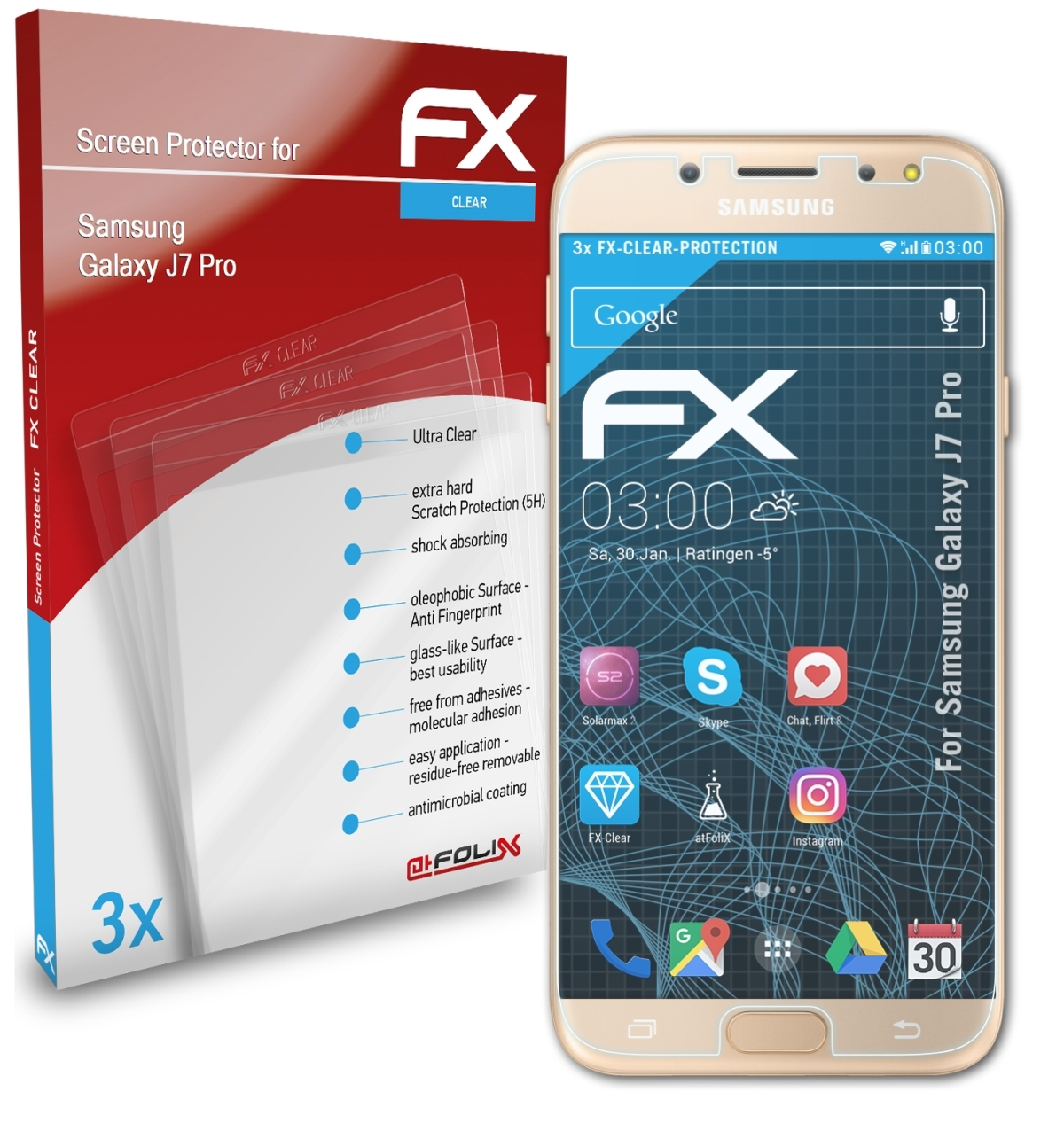 Samsung 3x Galaxy J7 FX-Clear Displayschutz(für ATFOLIX Pro)