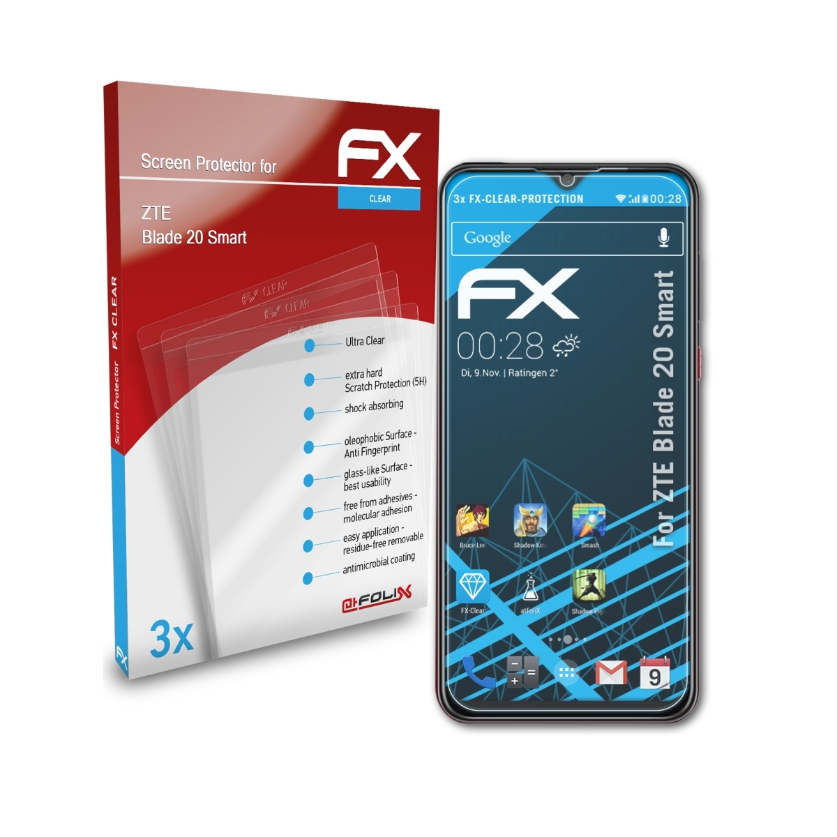 ATFOLIX 3x FX-Clear Blade Displayschutz(für Smart) ZTE 20