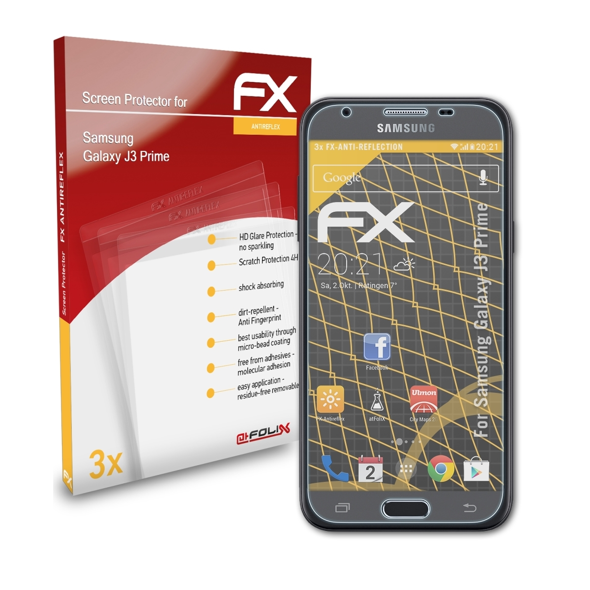 ATFOLIX 3x Prime) Galaxy Samsung J3 FX-Antireflex Displayschutz(für