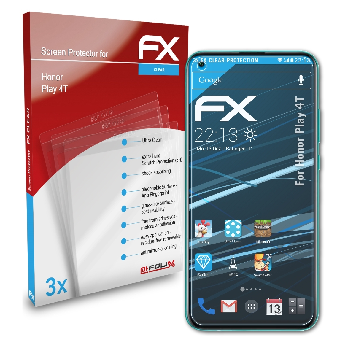 ATFOLIX 3x Displayschutz(für 4T) Honor Play FX-Clear