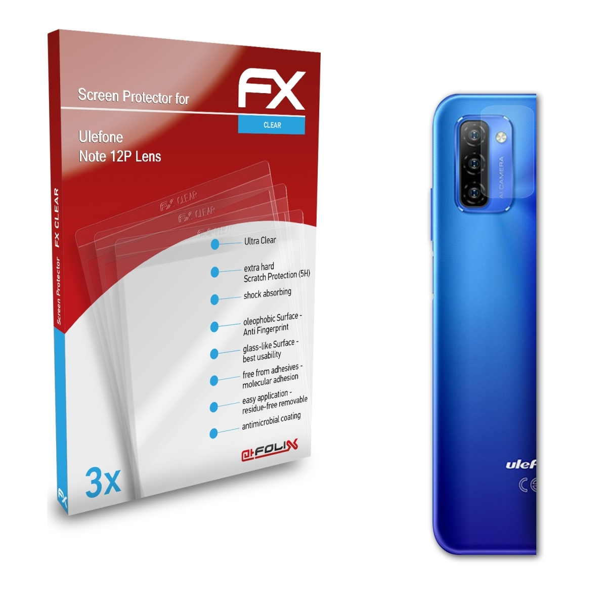 ATFOLIX 3x FX-Clear Ulefone Note 12P Displayschutz(für Lens)