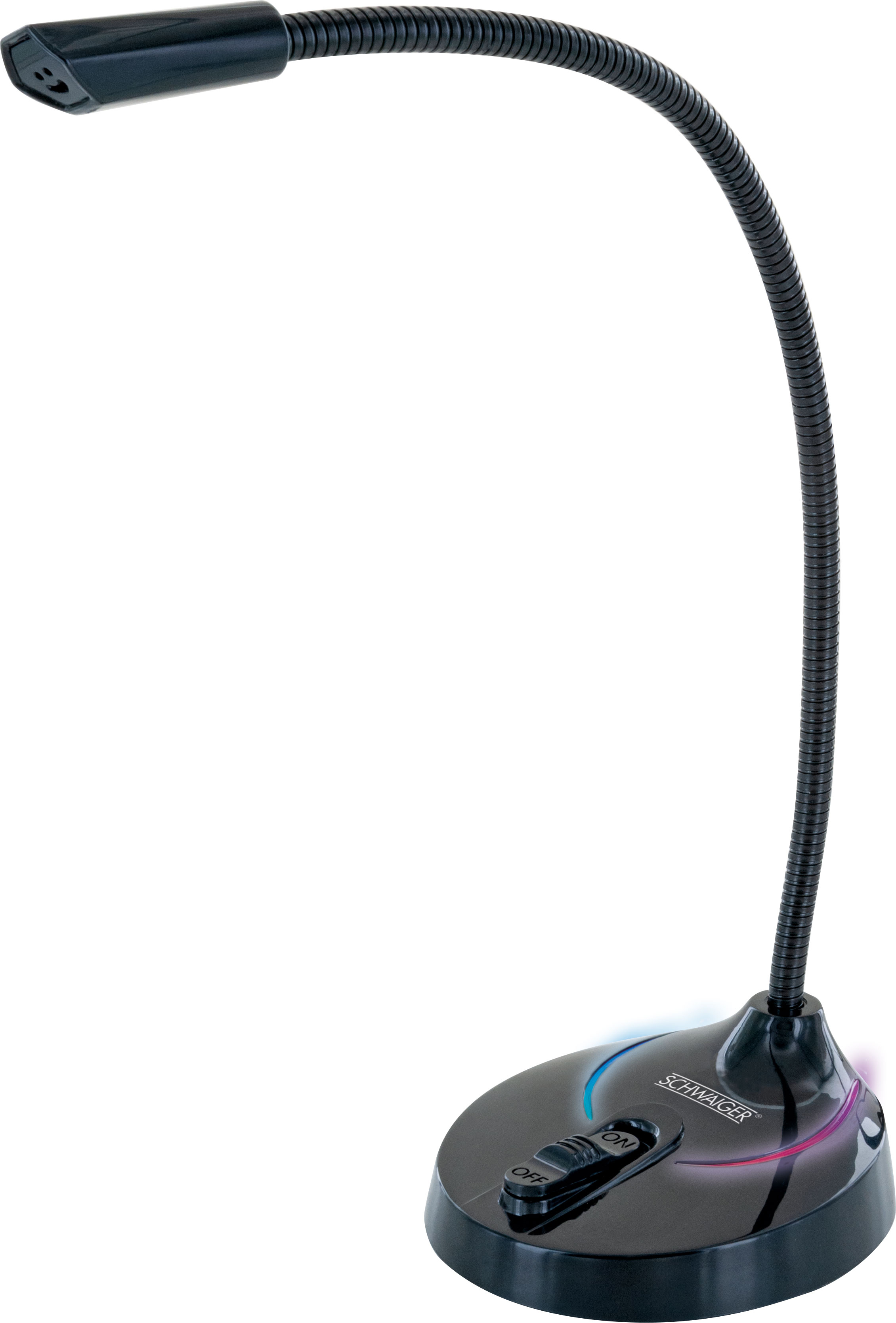 Schwarzes Mikrofon an flexiblem Arm mit Fuß und Ein/Aus-Schalter.
