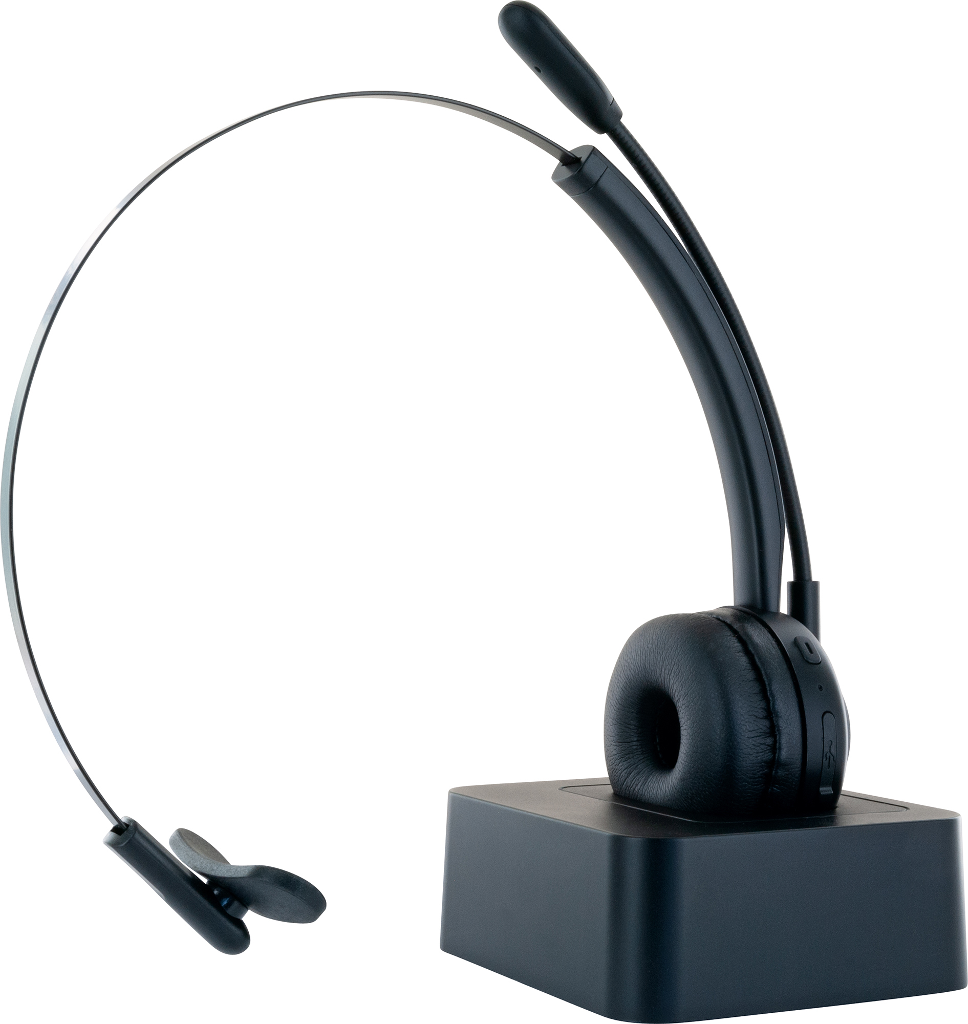 Ein schwarzes schnurloses Headset mit einer Ladestation. Das Headset befindet sich auf der Ladestation.
