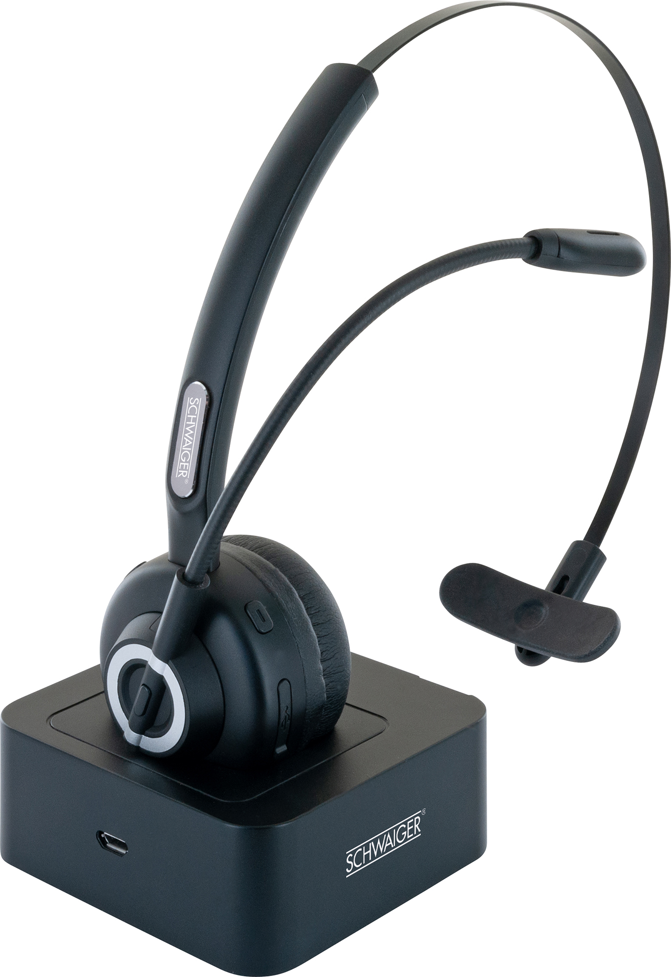 Ein schwarzes drahtloses Headset mit Ladestation. Es ist ein Gerät der Marke Schwaiger.